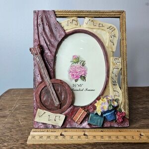 Vintage Style Music Banjo Books Floral 3D Picture Frame 3.5x5 Oval Multicolor